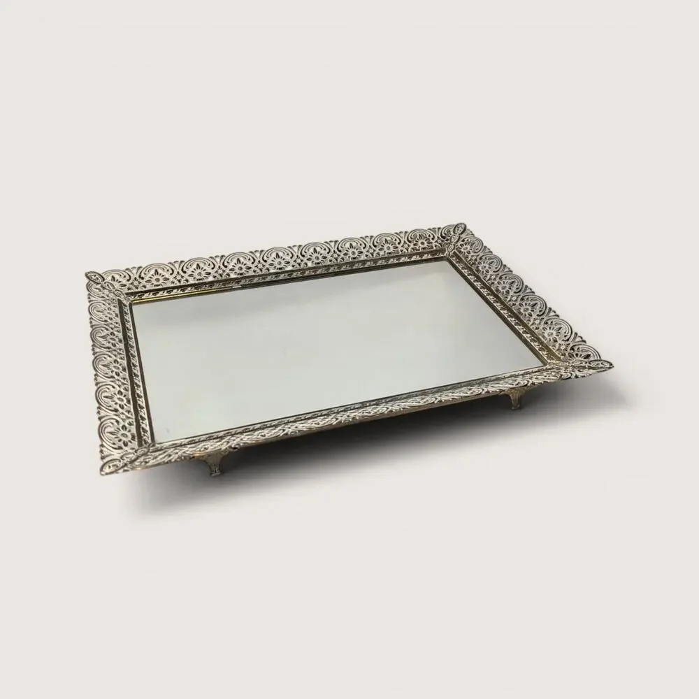 Vintage Metal and Glass Mirrored Vanity Tray